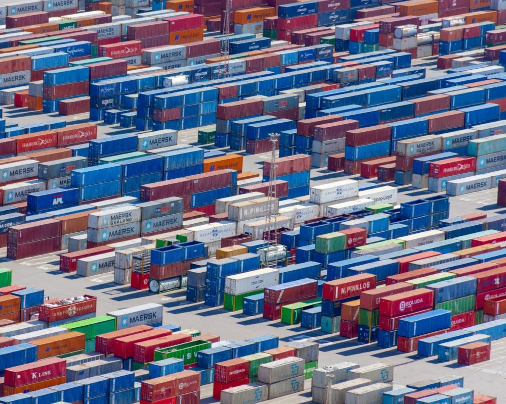 red blue and white plastic crates